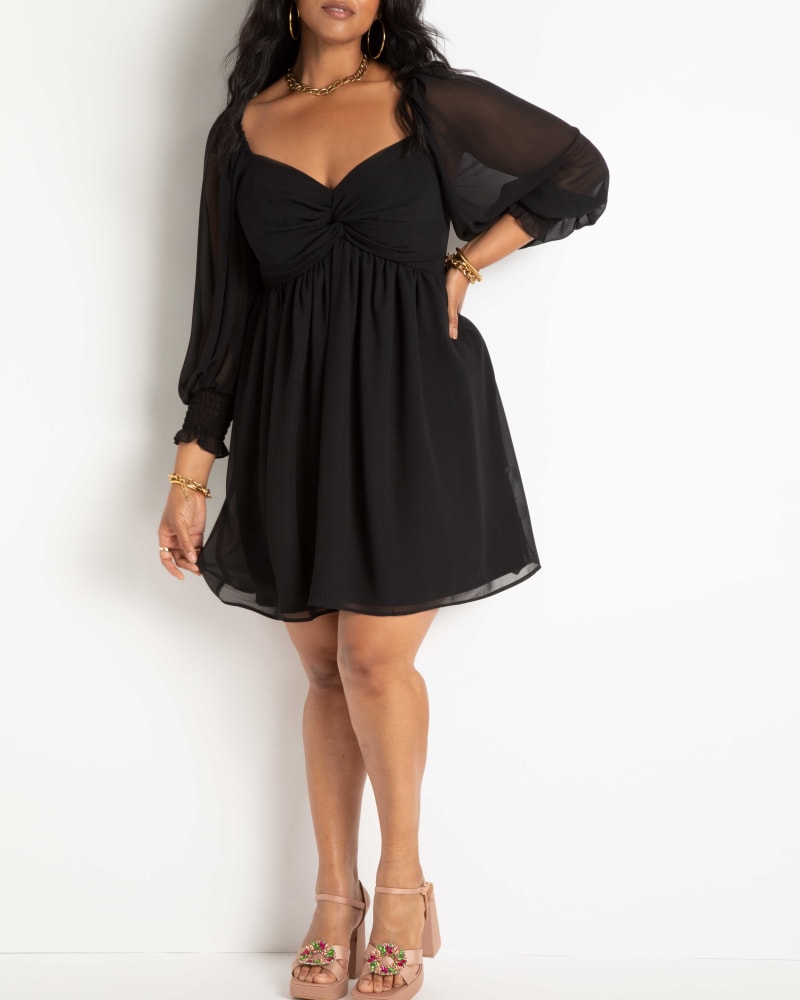 Front of a model wearing a size 14 Eva Twisted Bodice Mini Dress in Black by ELOQUII. | dia_product_style_image_id:236513